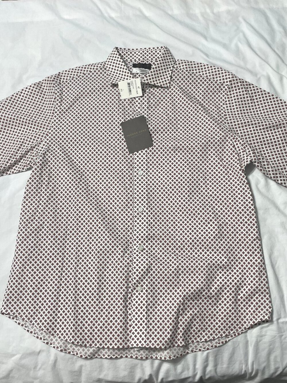 NWT Thomas Dean Collection Short Sleeve Button Dress Shirt Rhombus Print Mens L